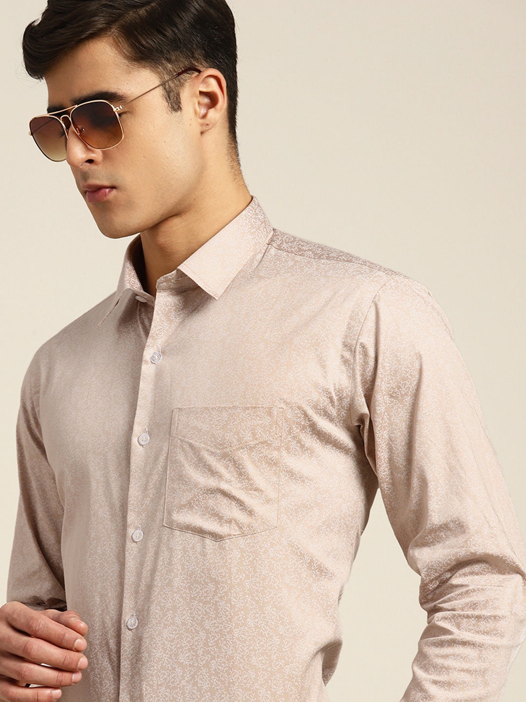 Men Beige Print Pure Cotton Slim fit Party Shirt