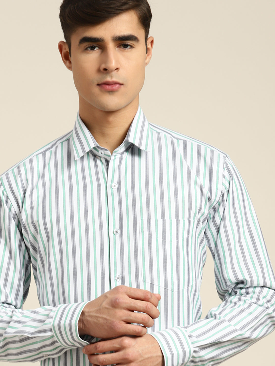 Men White & Grey Stripes Pure Cotton Slim fit Formal Shirt