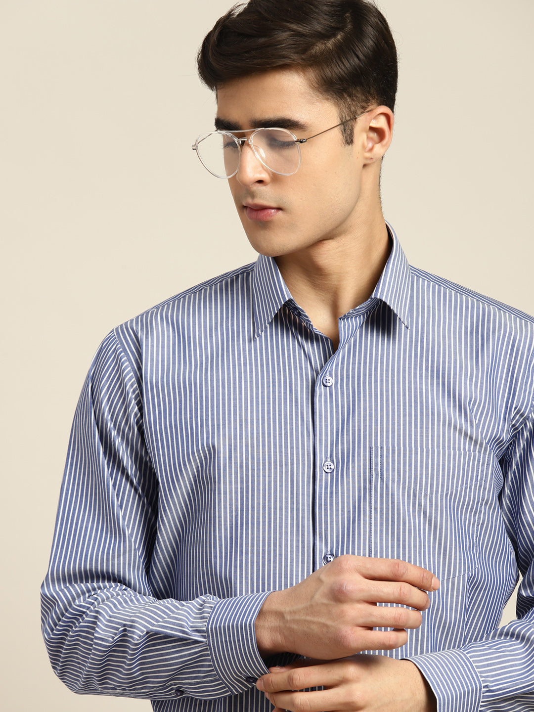 Men Blue Stripes Pure Cotton Slim fit Formal Shirt