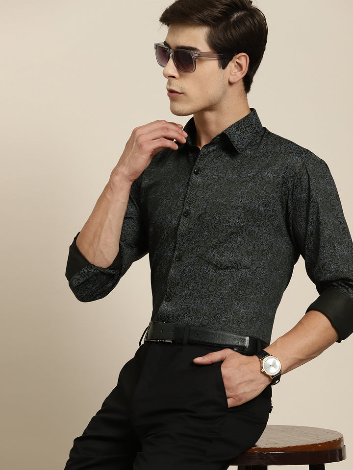 Men Black Print Pure Cotton Slim fit Party Shirt