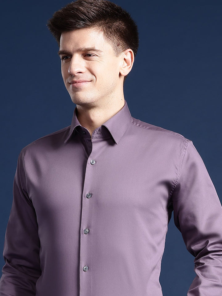 Men Purple Solid Cotton Elastane Blend Slim Fit Formal Shirt