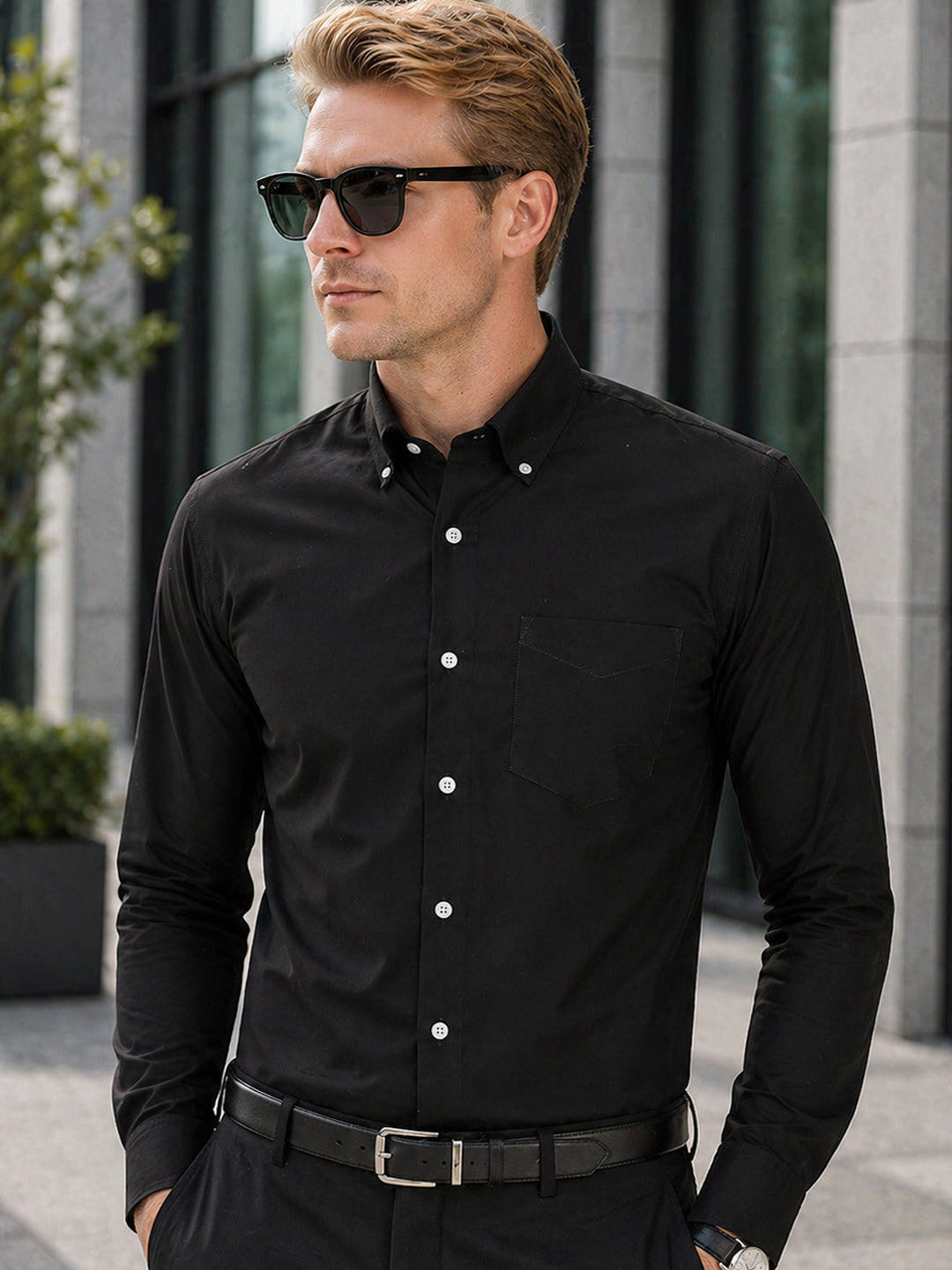 Hancock   Men   Black   Solids   Pure Cotton   Slim Fit   Formal   Shirt