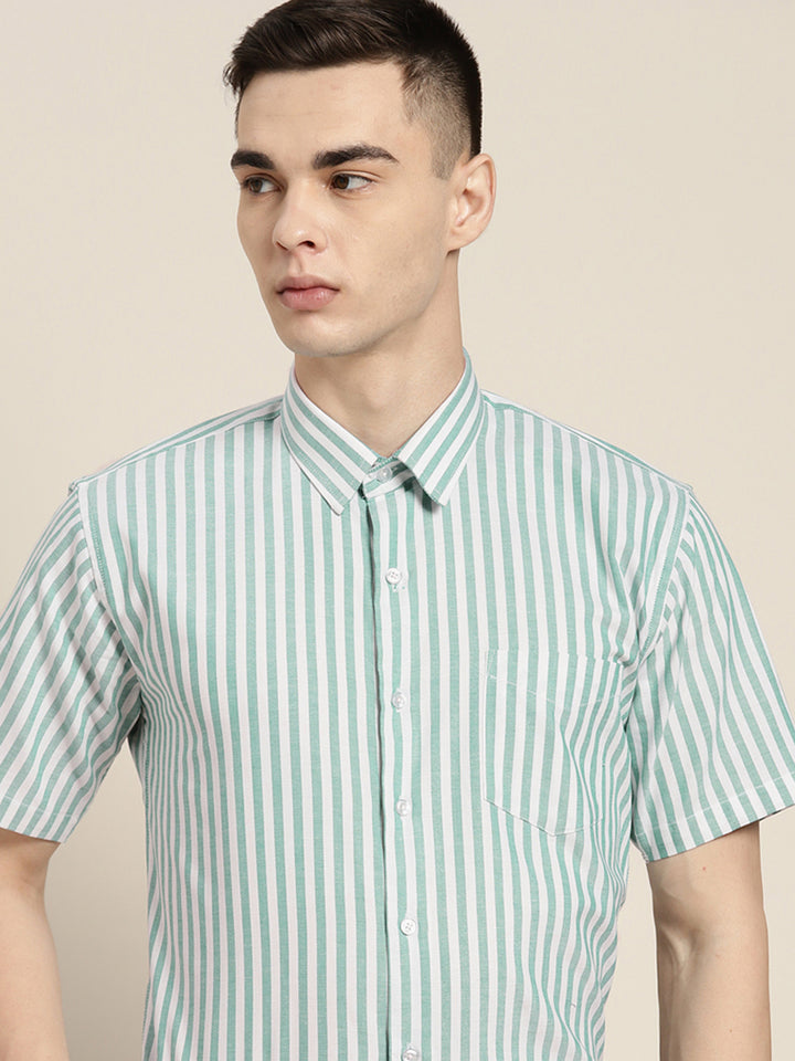 Men Green & White Stripes Pure Cotton Slim fit Formal Shirt