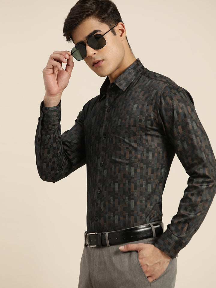 Men Black Print Pure Cotton Slim fit Party Shirt