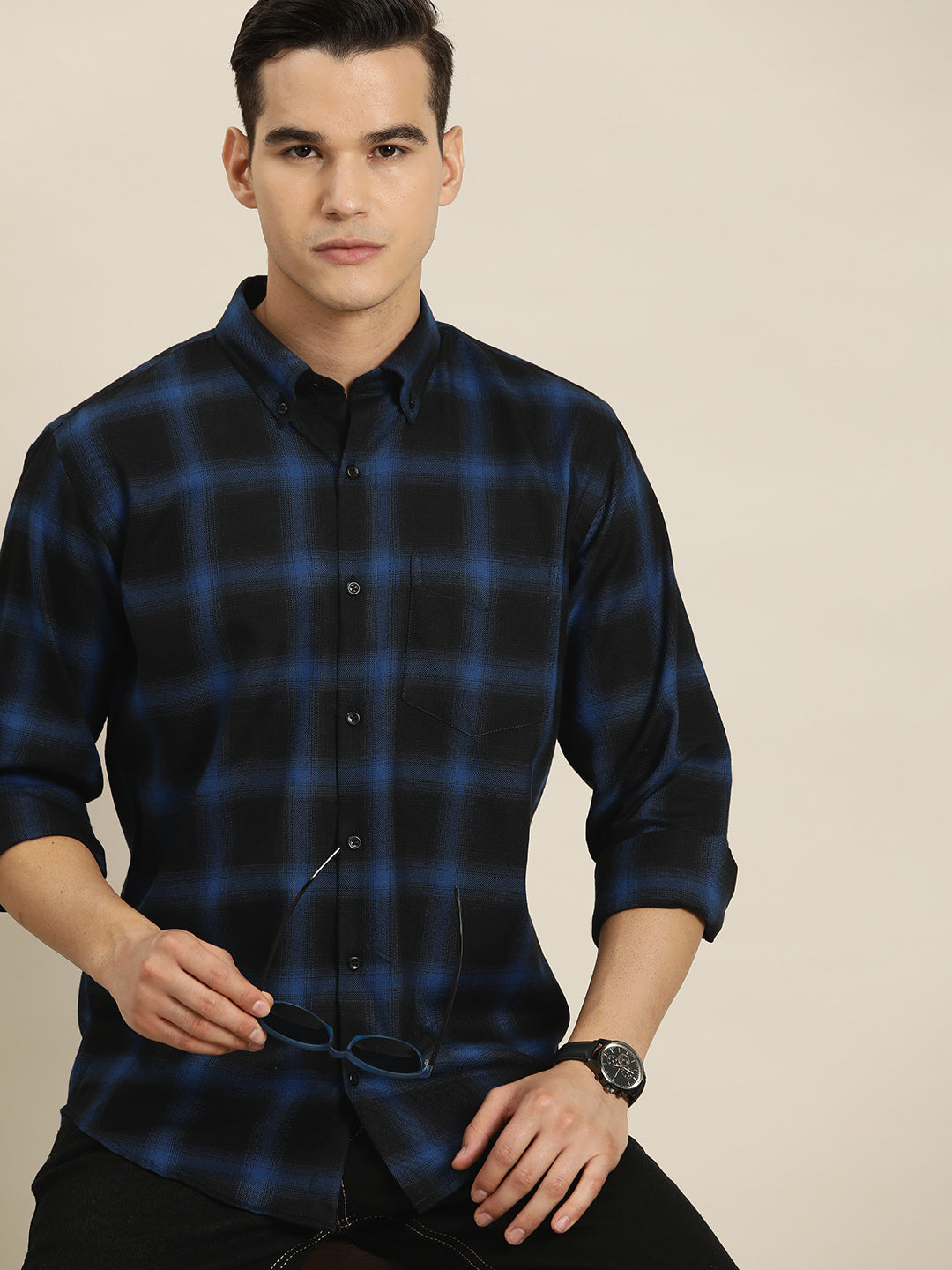 Men Blue & Navy Tartan Checks Pure Cotton Flannel Slim Fit Casual Shirt