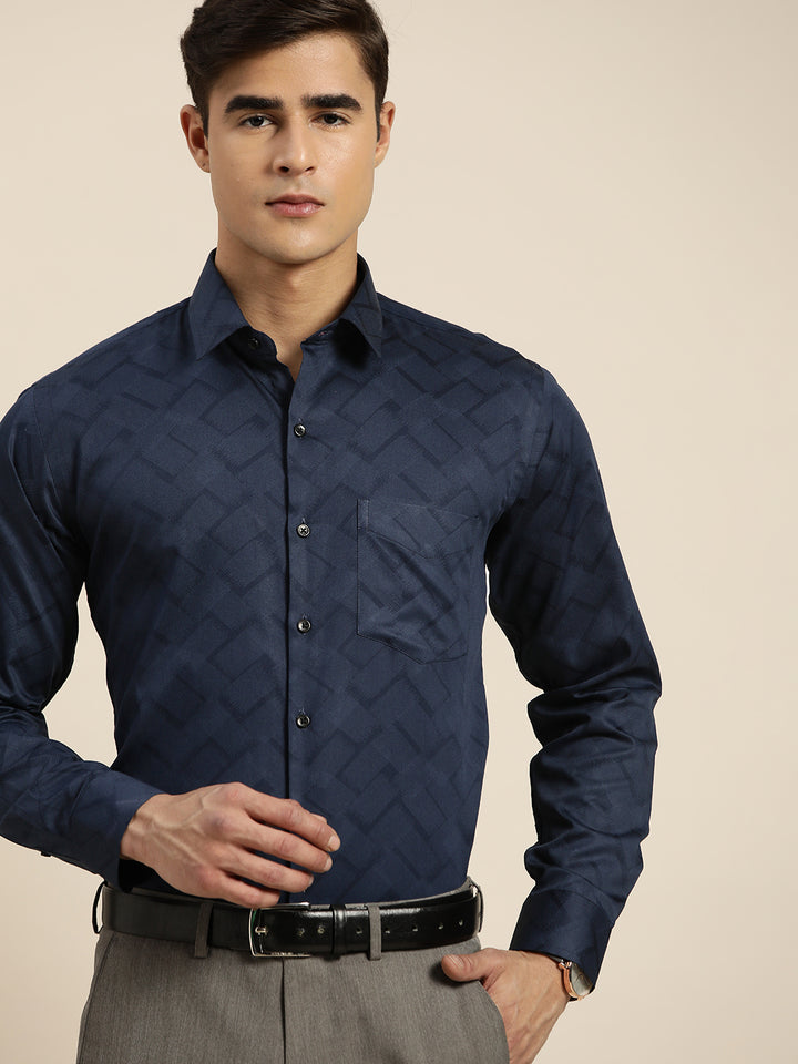 Men Navy Print Pure Cotton Slim fit Party Shirt