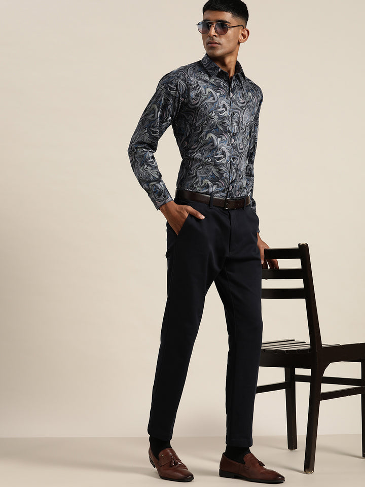 Men Navy & Multi Print Pure Cotton Slim fit Party Shirt