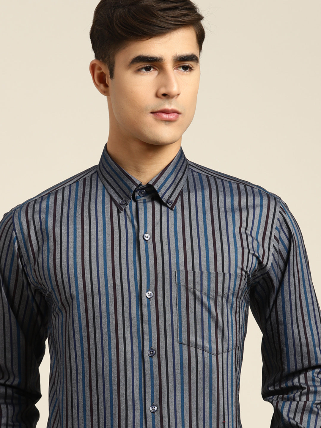Men Grey & Black Stripes Pure Cotton Slim fit Formal Shirt