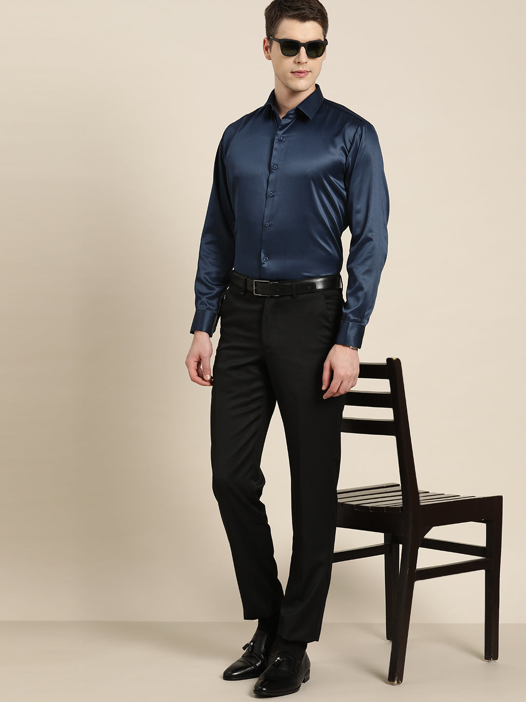 Men Navy Solid Satin Tuxedo Slim fit Party Shirt