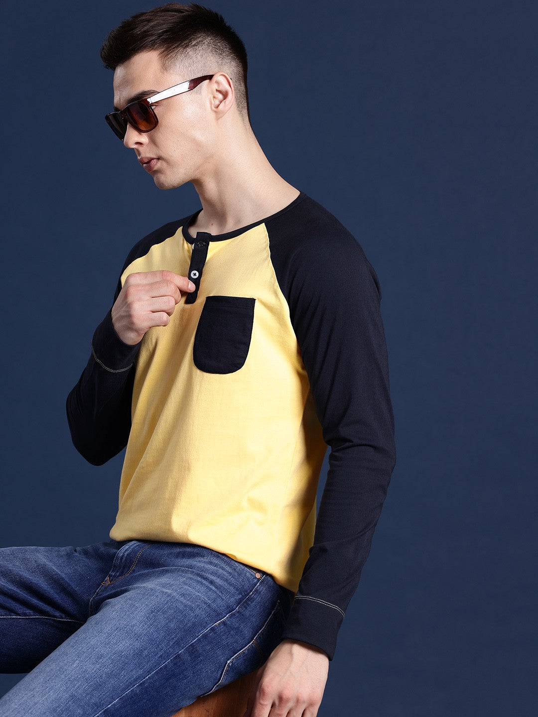 Men Yellow Solid Pure Cotton Slim Fit Henley T-Shirt