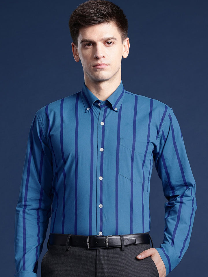Men Blue Striped Pure Cotton Slim Fit Formal Shirt