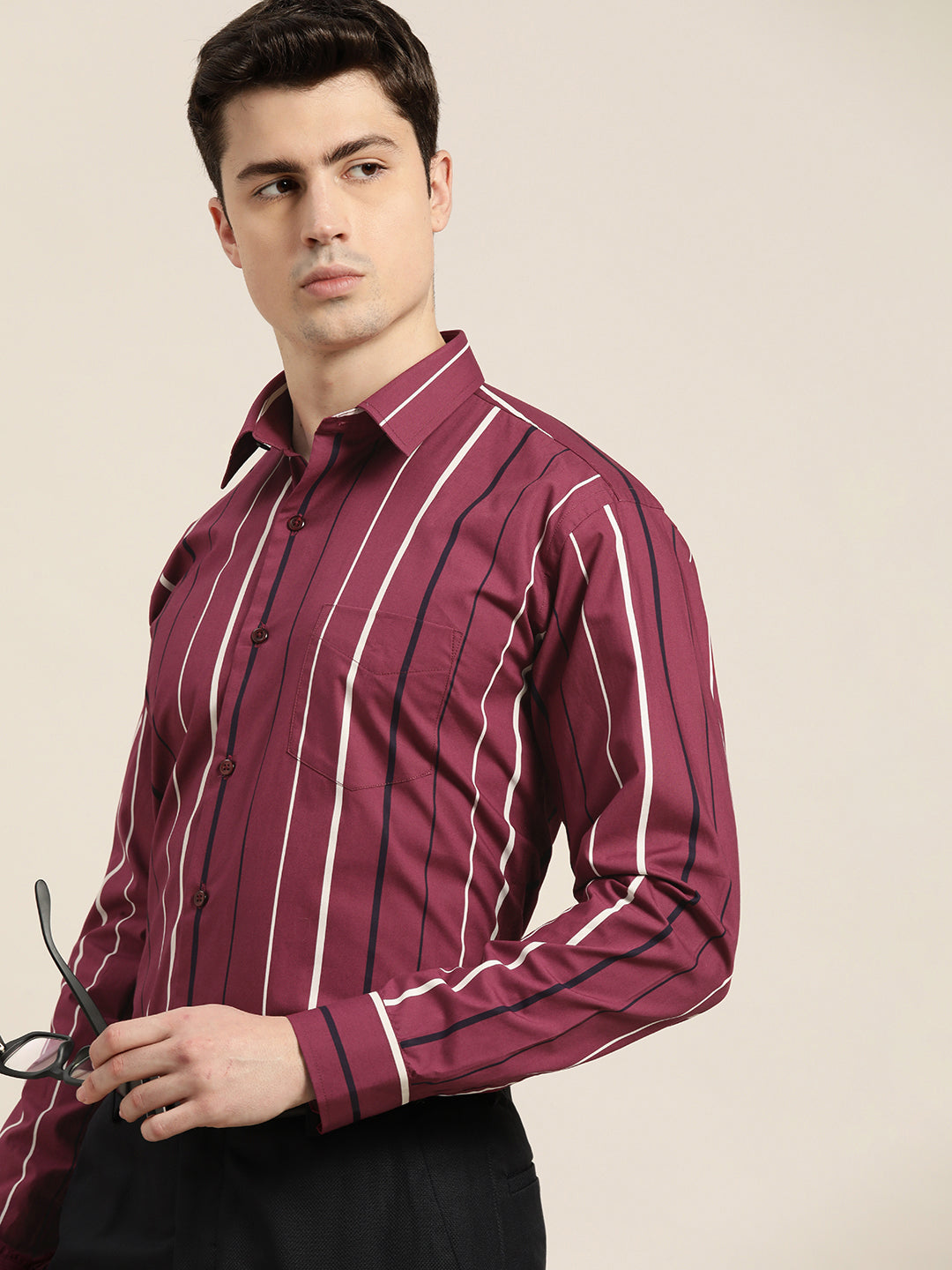 Men Burgundy Stripes Pure Cotton Slim fit Formal Shirt