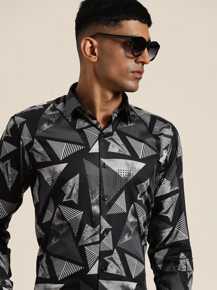 Men Black Print Pure Cotton Slim fit Party Shirt