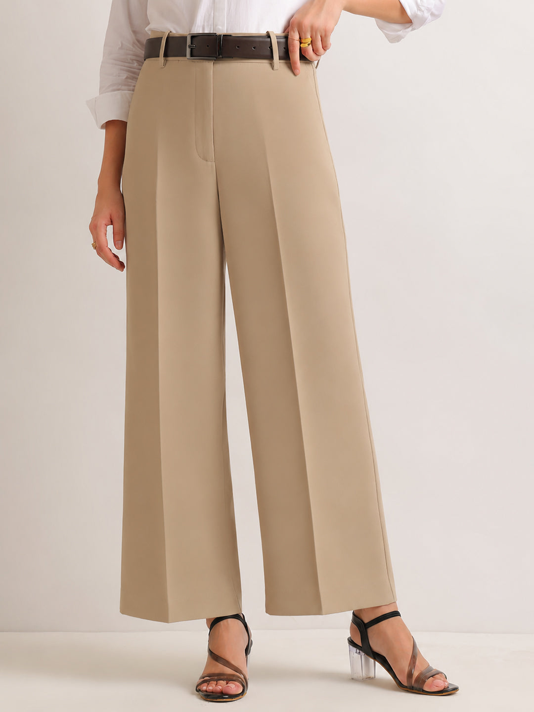 Hancock   Women   Beige   Solids   Viscose Rayon   Wide Leg   Formal   Trouser