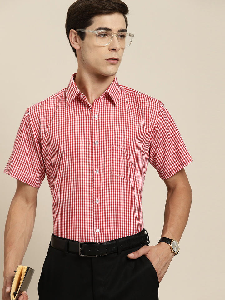 Men Red & White Gingham Check Short Sleeve Slim fit Formal Shirt