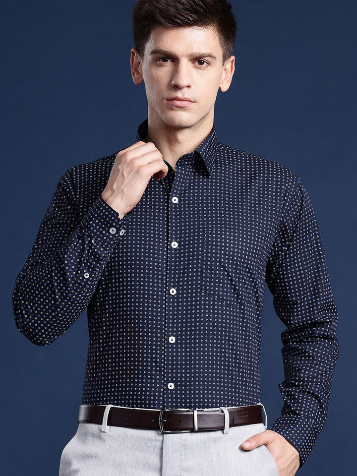 Men Navy Printed Pure Cotton Slim Fit Formal Shirt
