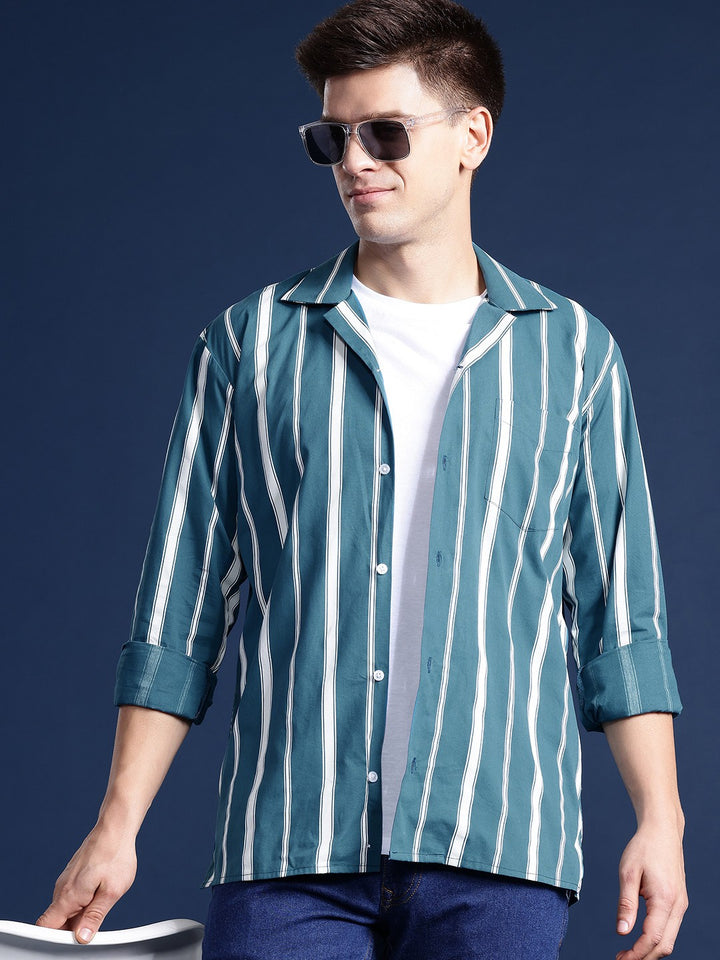 Men Teal blue Striped Pure Cotton Relaxed Fit Casual Shirt