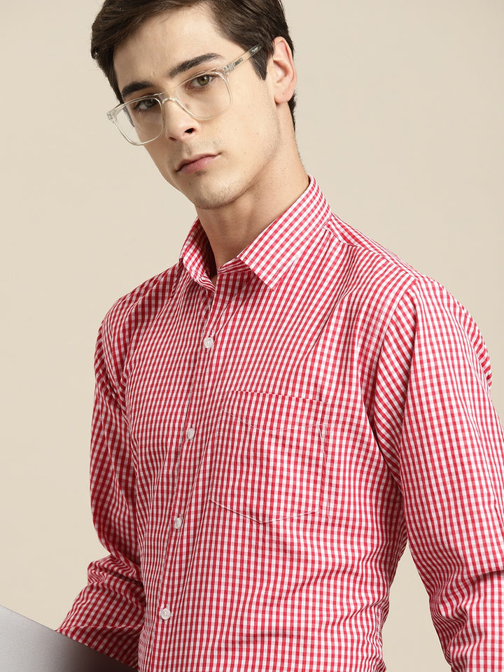 Men Red Gingham Check Cotton Rich Slim fit Formal Shirt