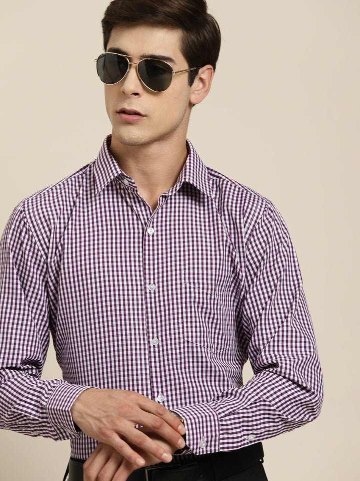 Men Purple Gingham Check Cotton Rich Slim fit Formal Shirt