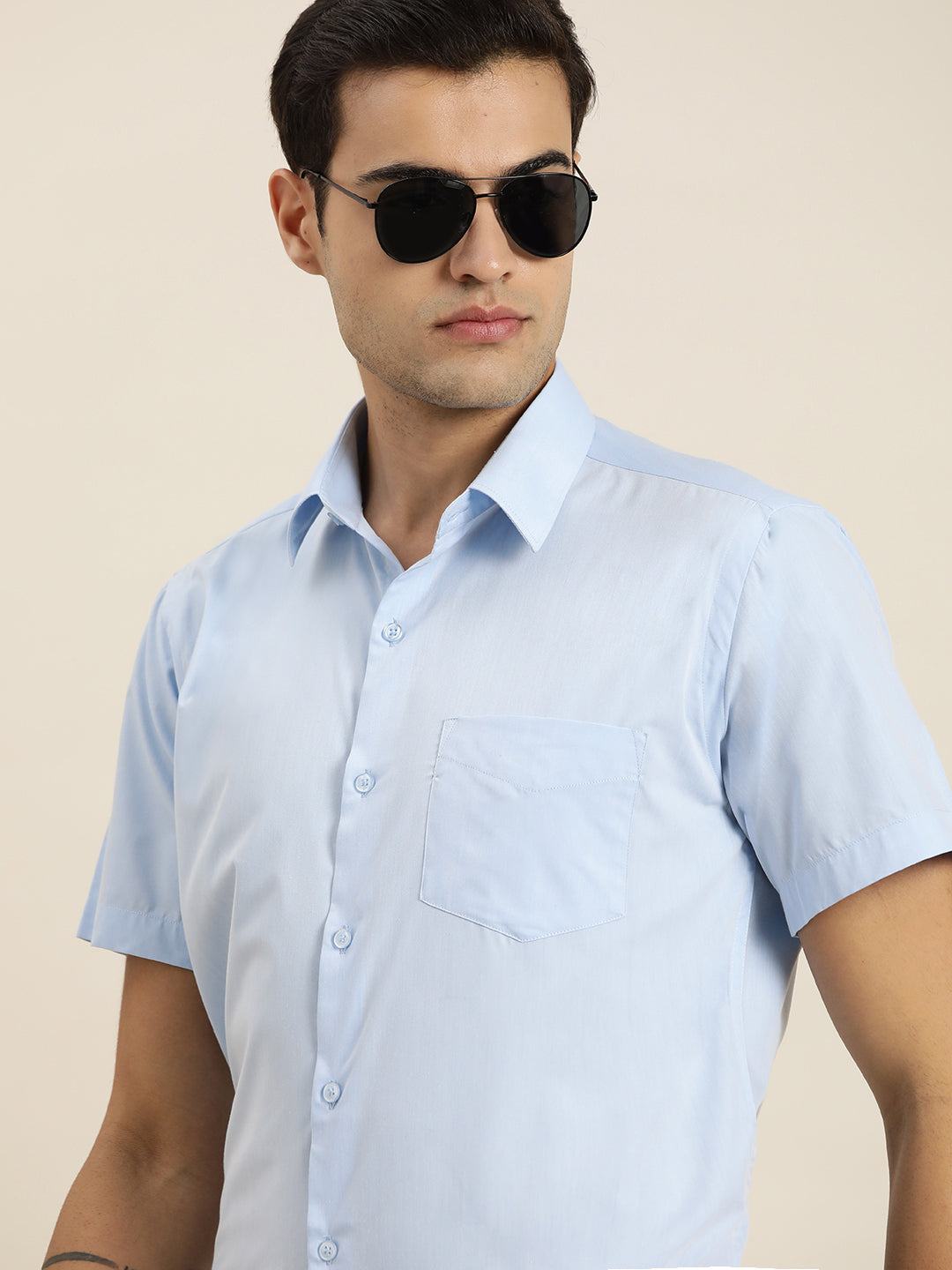 Men Sky Blue Solid Cotton Rich Slim fit Formal Shirt