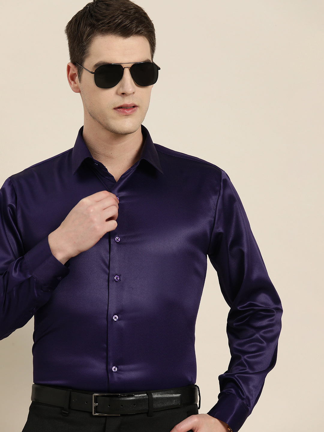 Men Purple Solid Satin Tuxedo Slim fit Party Shirt