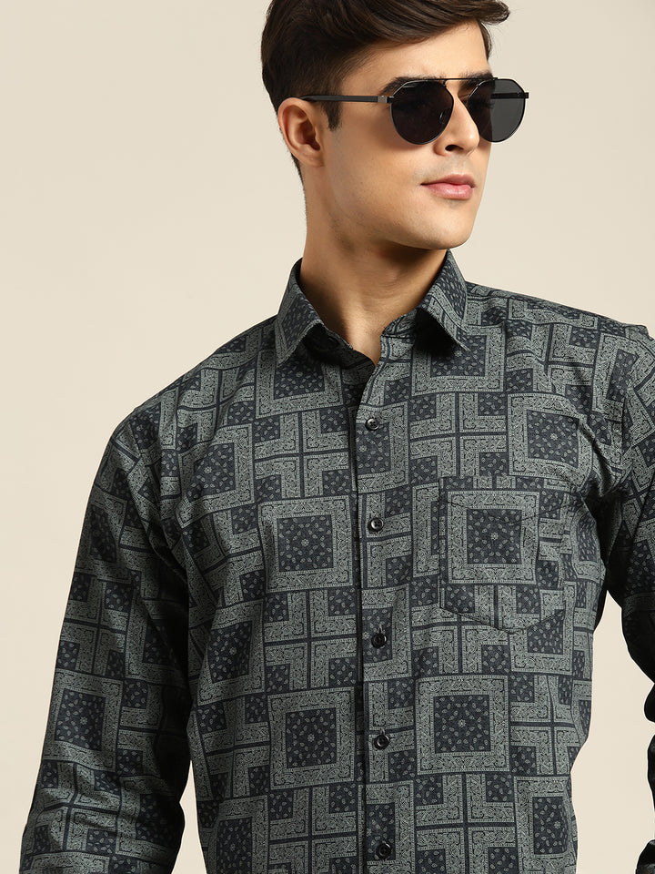 Men Navy Print Pure Cotton Slim fit Party Shirt