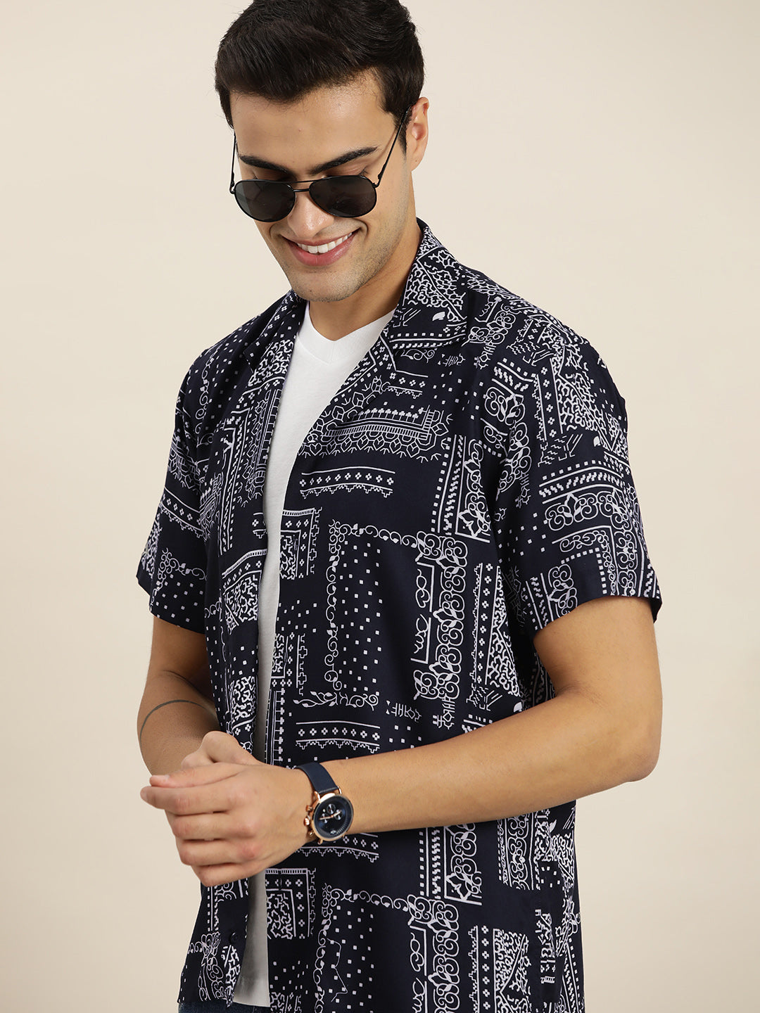 Men Navy Print Viscose Rayon Relaxed Fit Casual Resort Shirt