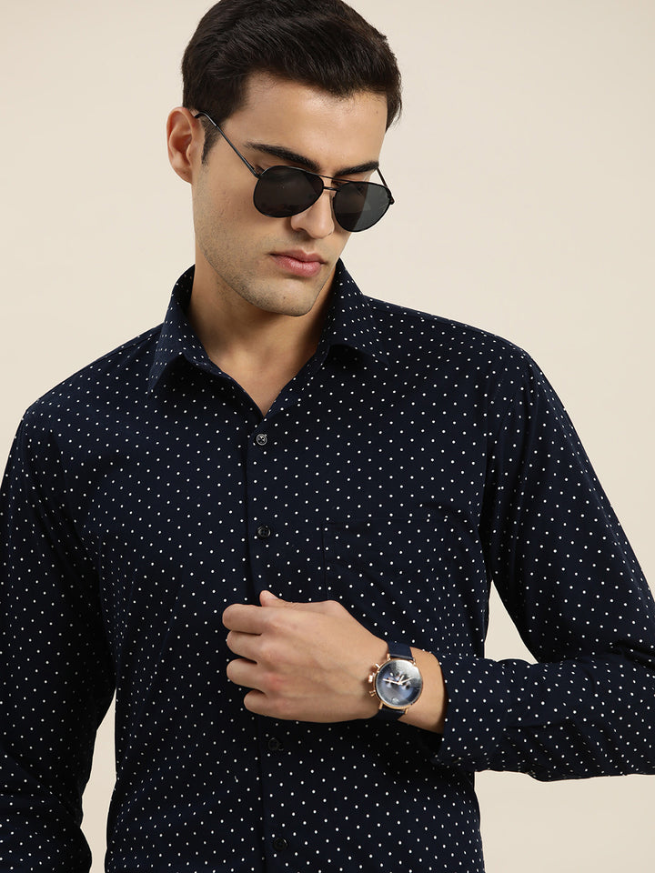 Men Navy & White Print Pure Cotton Slim fit Party Shirt