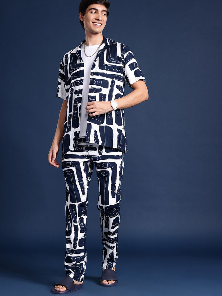 Men Navy Blue & White Printed Viscose rayon Regular Fit Casual Co &Ord Sets
