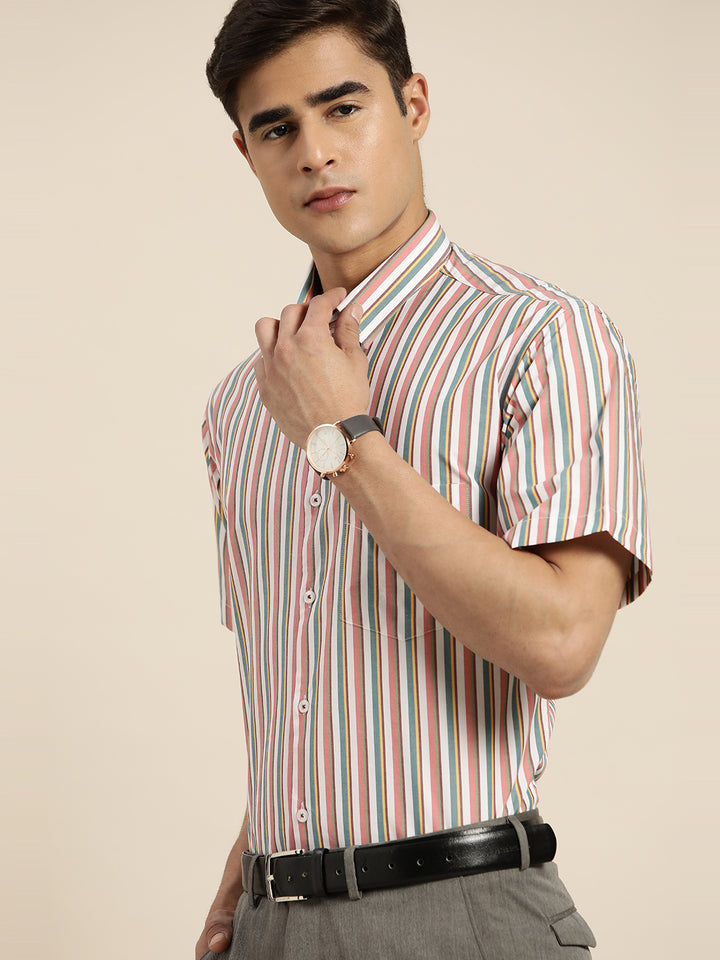 Men White & Multi Stripes Pure Cotton Slim fit Formal Shirt