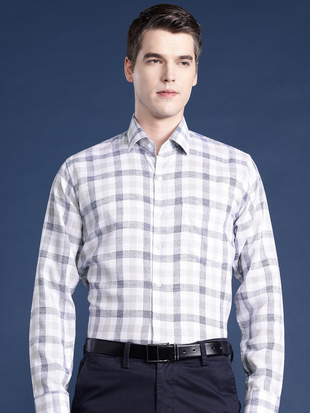 Men White & Grey Checked Pure Linen Cotton Slim Fit Formal Shirt