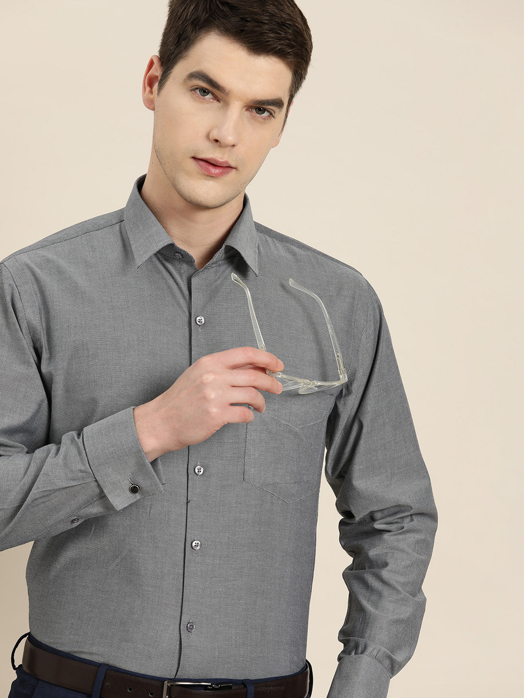 Men Grey Solid Pure Cotton French Cuff Slim Fit Formal Shirt