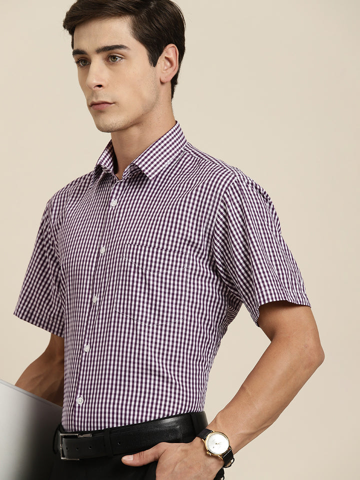 Men Purple & White Gingham Check Short Sleeve Slim fit Formal Shirt