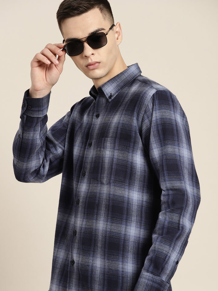 Men Navy & Blue Checks Pure Cotton Slim fit Casual Shirt