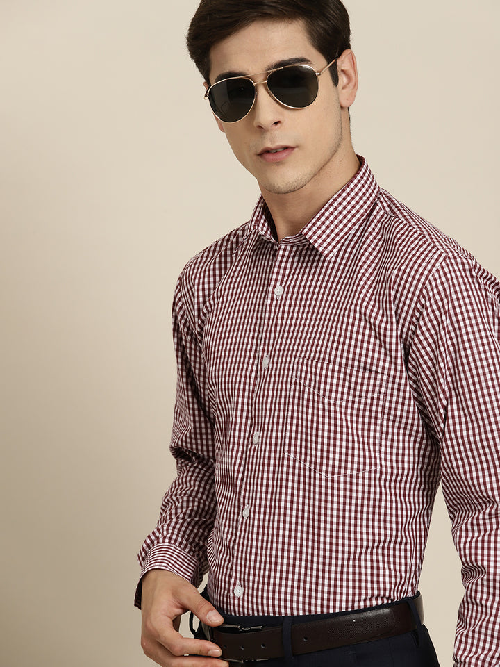 Men Maroon Gingham Check Cotton Rich Slim fit Formal Shirt