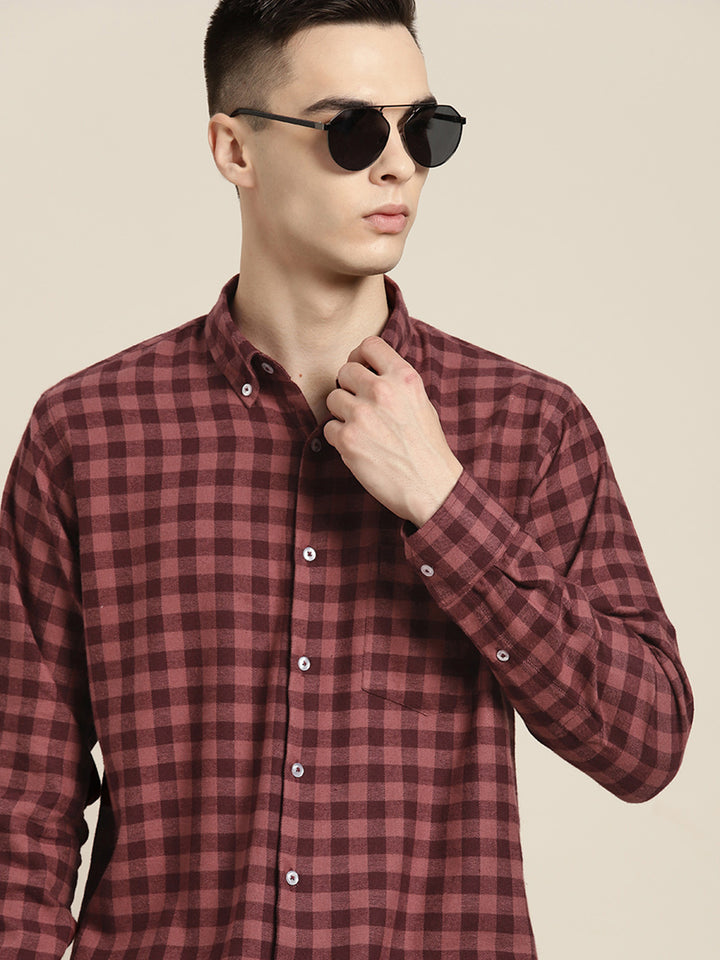 Men Burgundy & Mauve Checks Pure Cotton Slim fit Casual Shirt