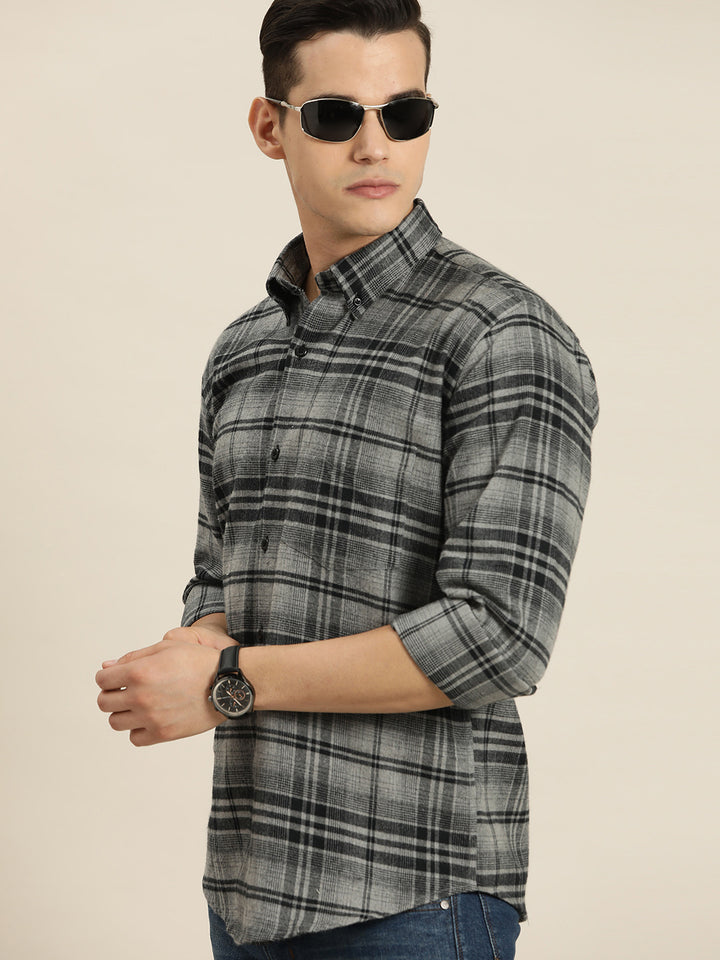 Men Grey & Black Checks Pure Cotton Slim fit Casual Shirt