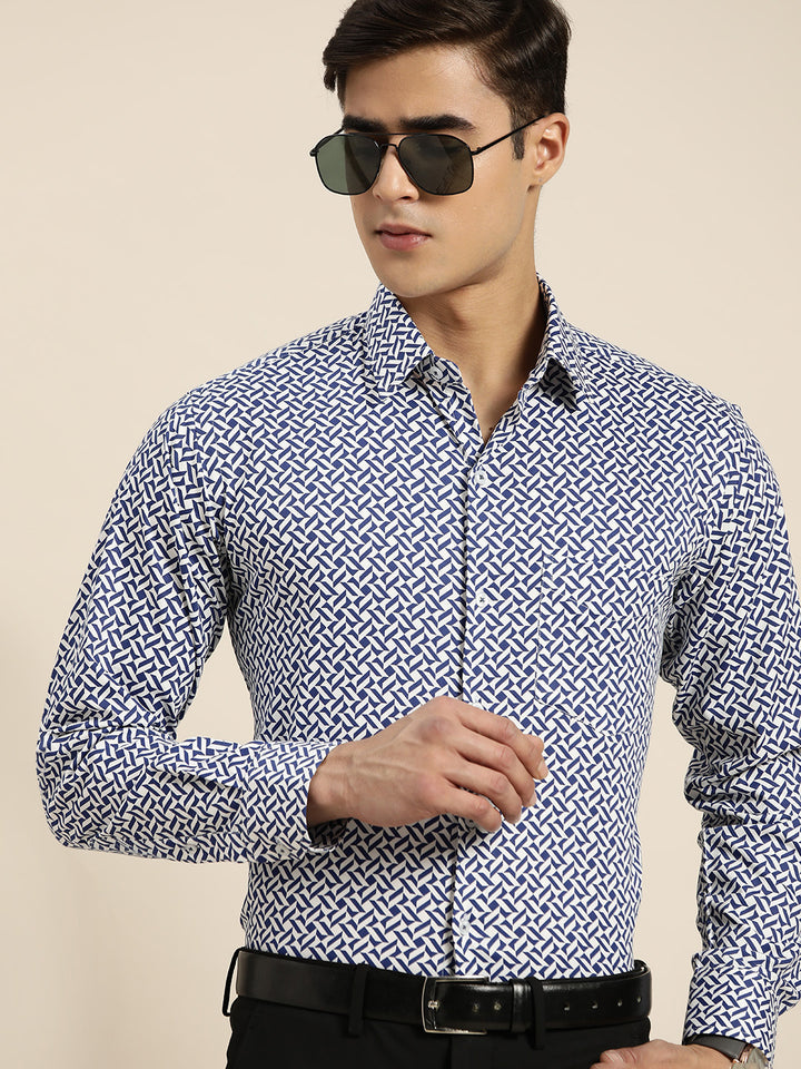 Men White & Navy Print Pure Cotton Slim fit Party Shirt