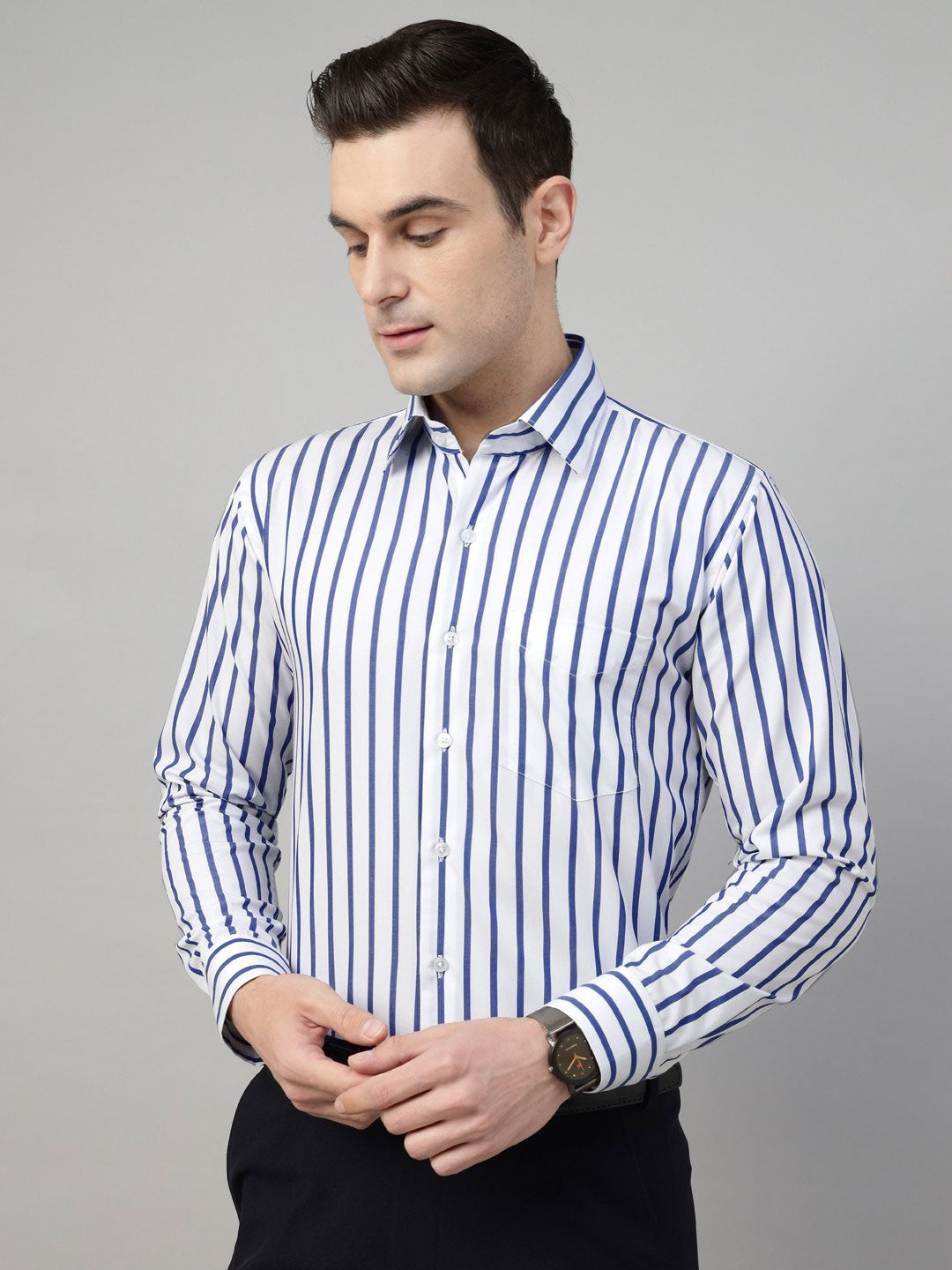 Men White & Blue Stripe Cotton Slim Fit Formal Shirt