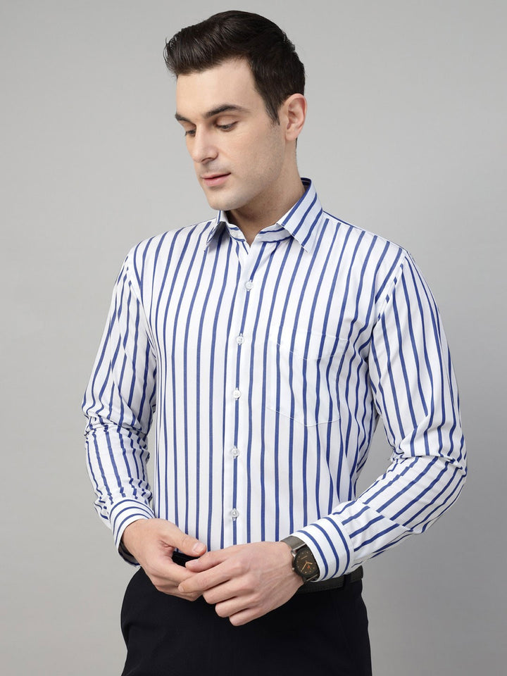 Men White & Blue Stripe Cotton Slim Fit Formal Shirt
