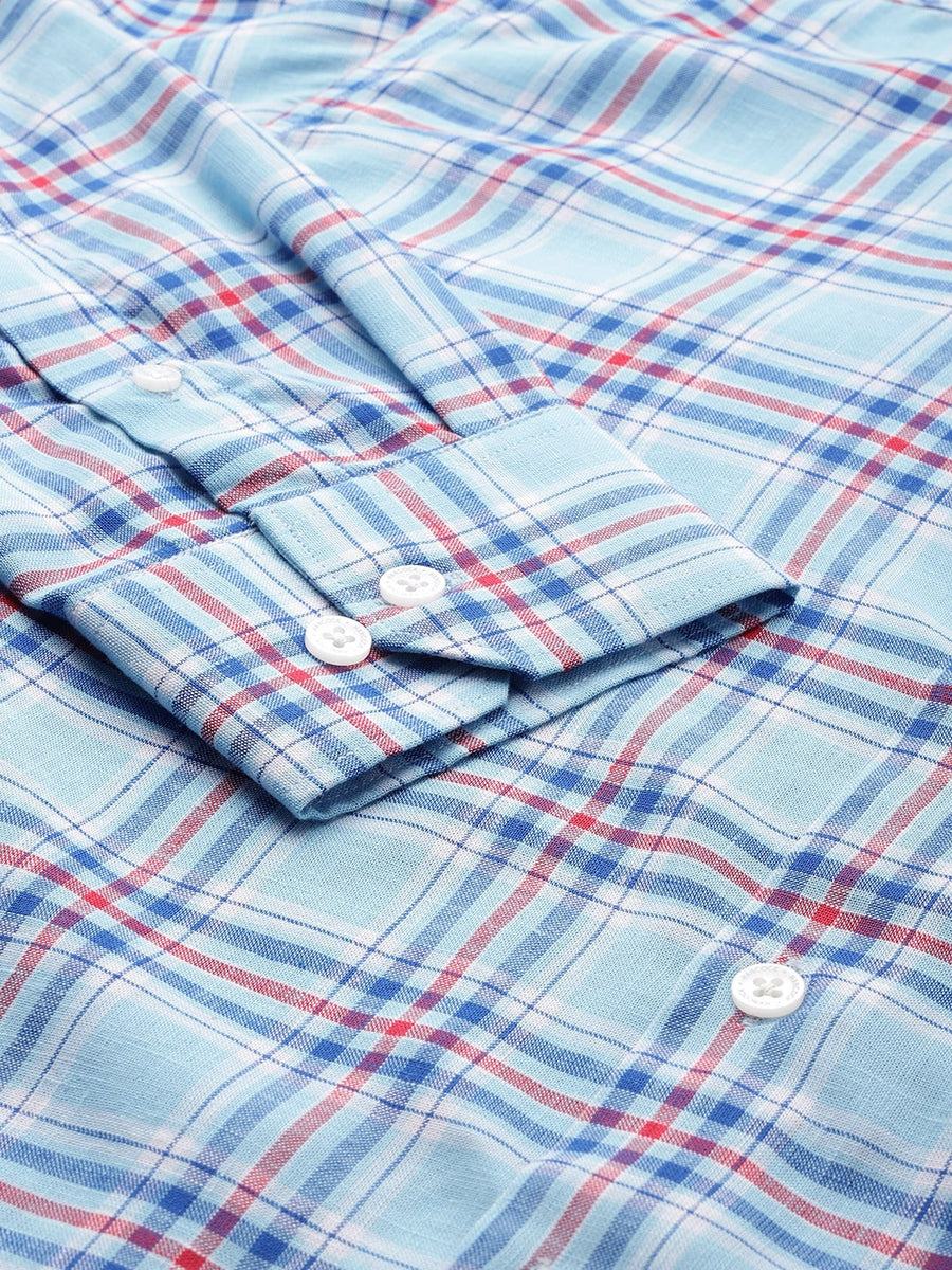 Hancock Men Blue Checked Pure Cotton Slim Fit Formal Shirt