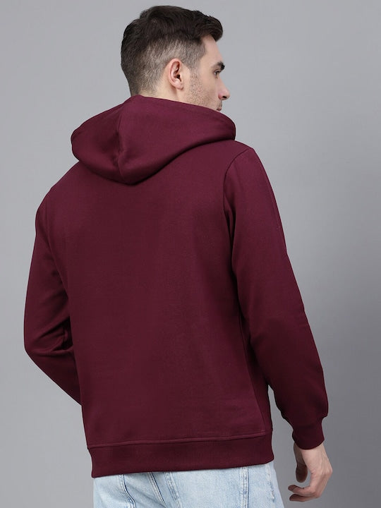 Men Burgundy Solid Half Button Placket Long Sleeves Fleece Hooded Sweatshirt