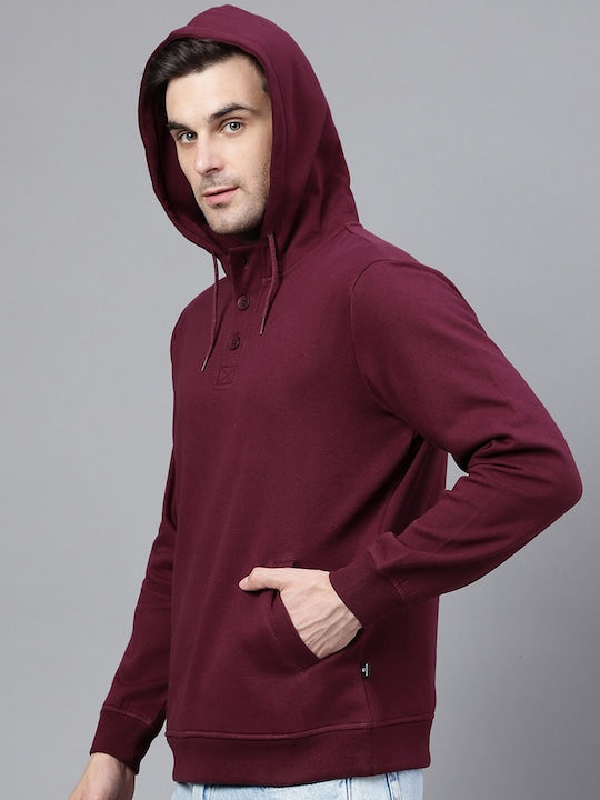 Men Burgundy Solid Half Button Placket Long Sleeves Fleece Hooded Sweatshirt