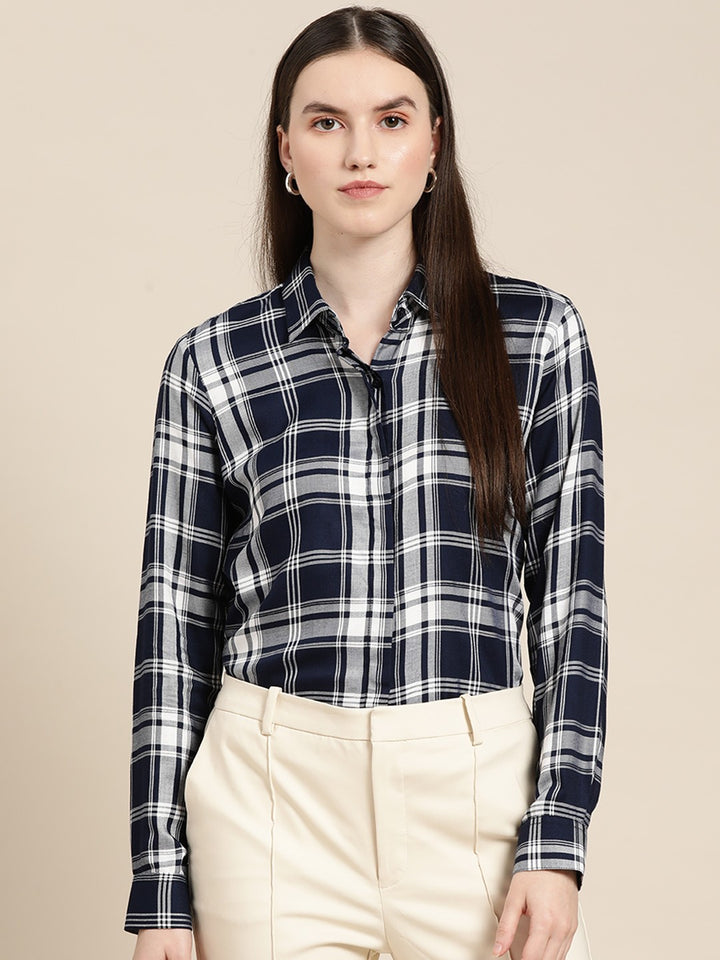 Women Navy Blue Checks Viscose Rayon Rayon Formal Shirt