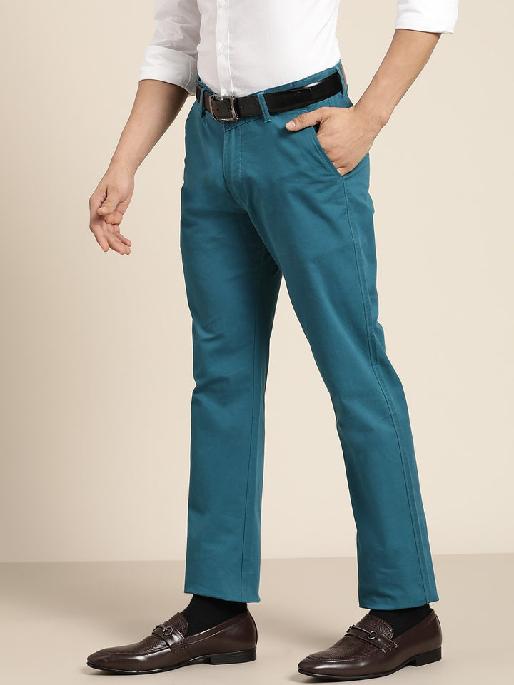 Men Turquoise Blue Solid Pure Cotton Slim Fit Formal Trouser