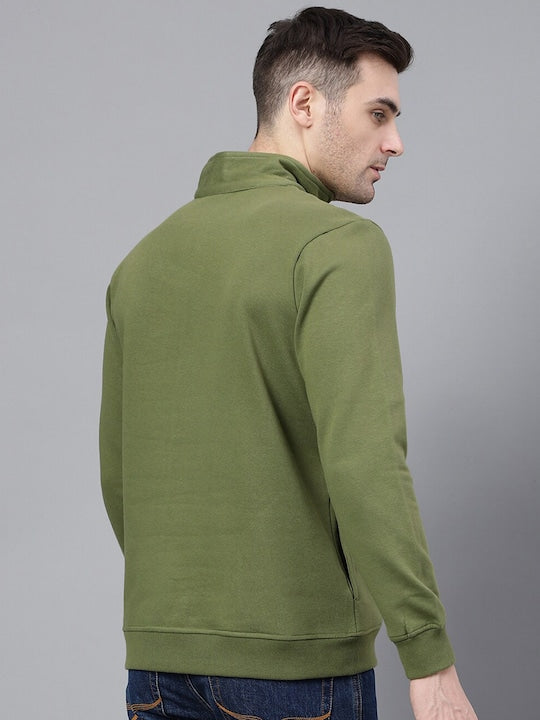 Men Olive Solid Half Zipper Long Sleeves Fleece Sweatshirt