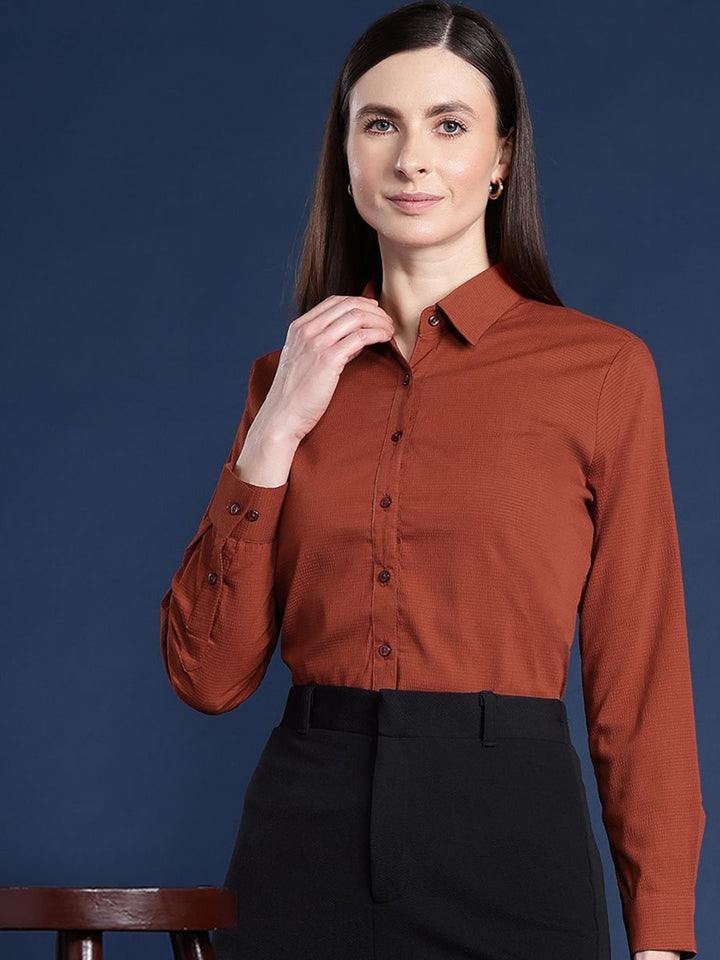 Women Rust Solid Seersucker Formal Shirt
