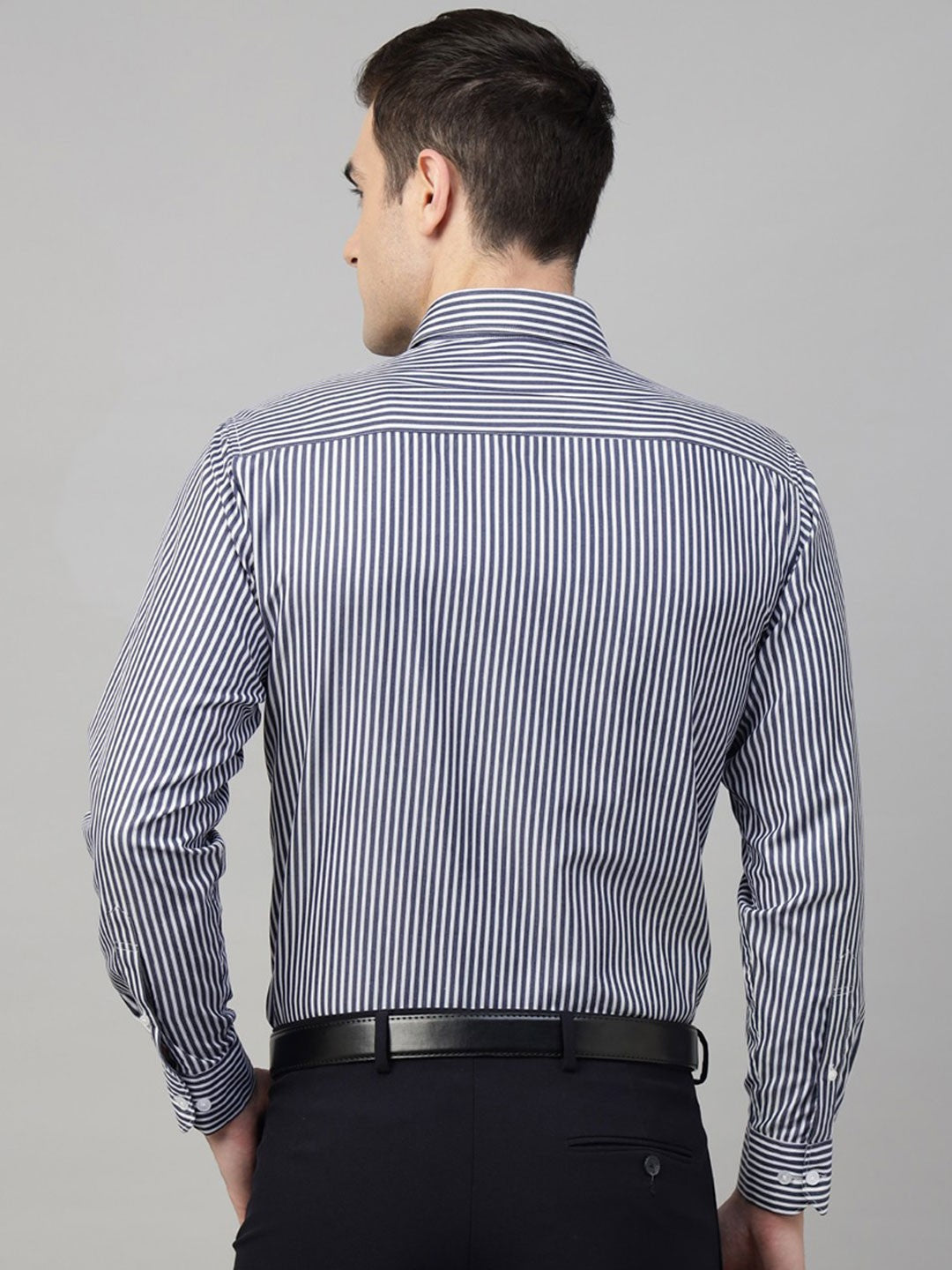 Navy &amp; white vertical striped wrinkle ressistant cotton blend long sleeves shirt 
