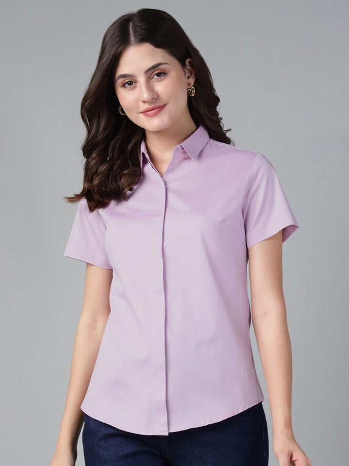 Hancock Women Lavender Solid Pure Cotton Short Sleeve Slim Fit Formal Shirt
