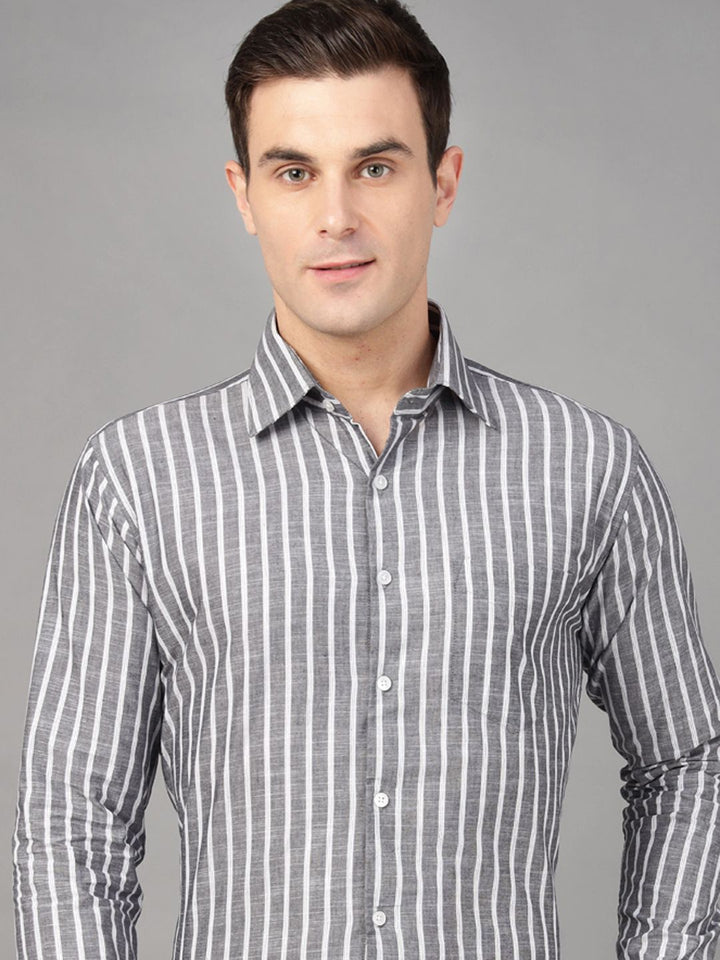 Hancock Men Grey & White Stripe Pure Cotton Slim Fit Formal Shirt